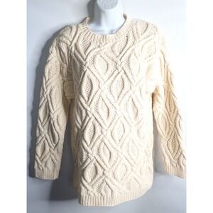 Eddie Bauer Womens Cable Knit Sweater Cream Cotton Fisherman Pullover Size S